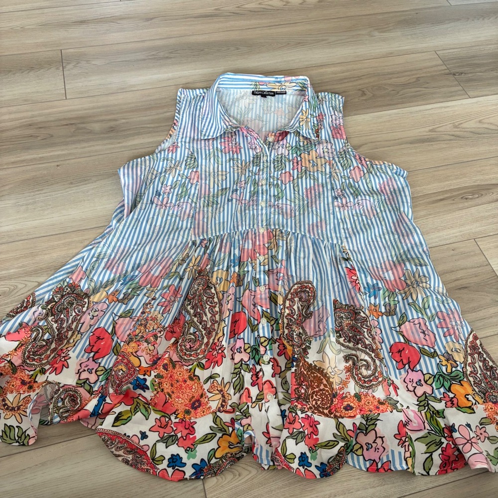 Tolani Collection Paisley Floral Striped‎ Sleeveless Shirt Dress Tunic Size L